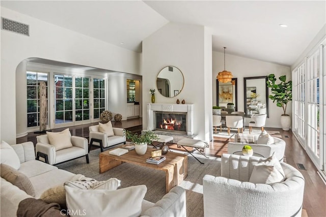 living room with wood-type flooring, high vaulted ceiling, and a healthy amount of sunlight