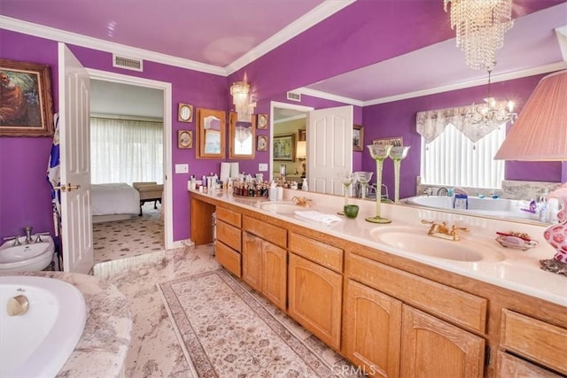 bathroom with vanity, a bidet, ornamental molding, a notable chandelier, and tiled bath