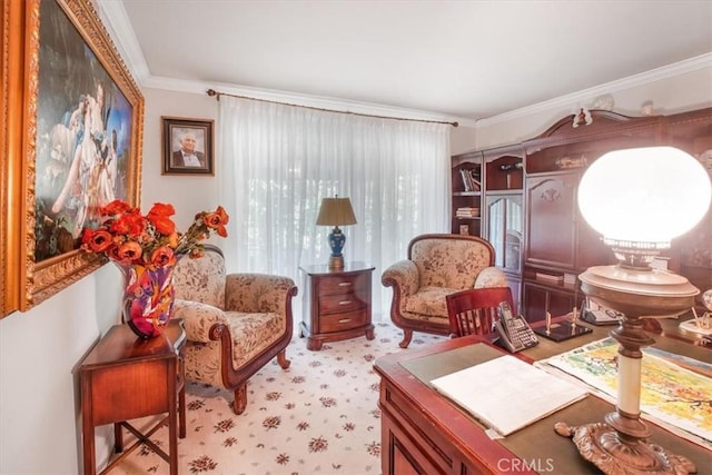 living area with crown molding