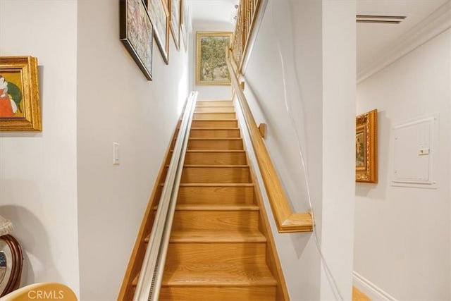 stairway featuring ornamental molding and electric panel