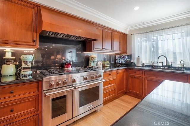 kitchen with sink, tasteful backsplash, premium range hood, double oven range, and light hardwood / wood-style floors