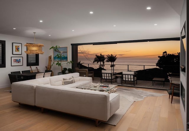 living room featuring a water view and light hardwood / wood-style floors