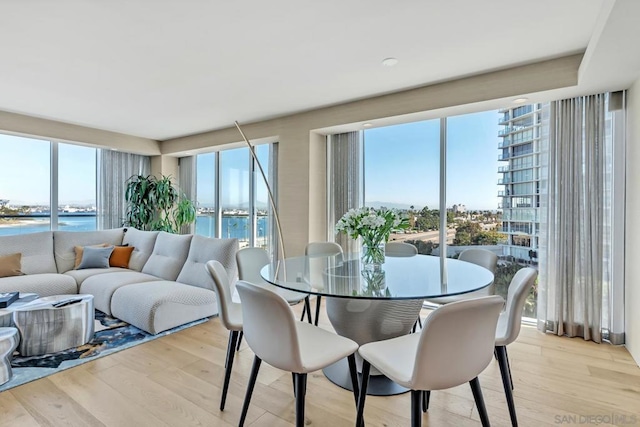 dining area with a healthy amount of sunlight, a water view, and light hardwood / wood-style floors