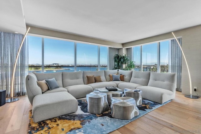 living room featuring a water view and wood-type flooring