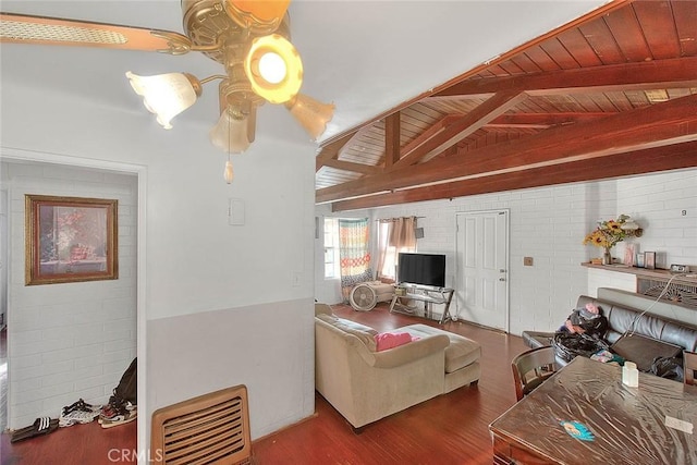 living room featuring hardwood / wood-style floors, ceiling fan, wooden ceiling, lofted ceiling with beams, and heating unit