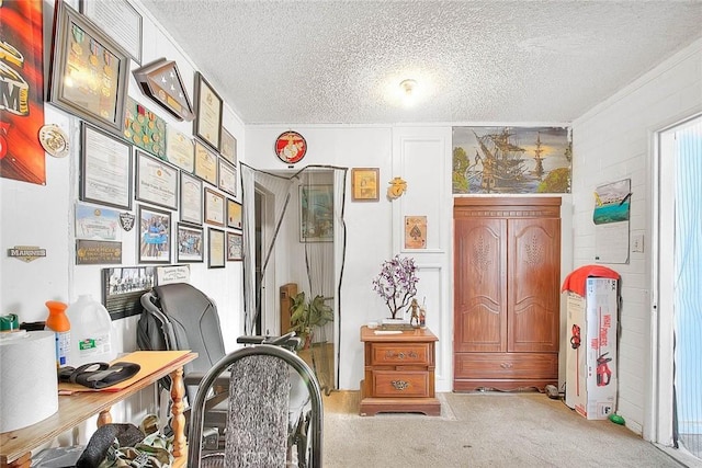 home office with carpet and a textured ceiling