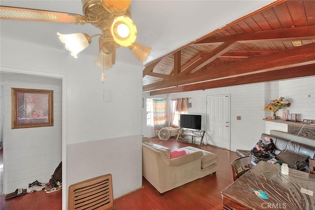 living room with hardwood / wood-style floors, ceiling fan, wooden ceiling, lofted ceiling with beams, and heating unit