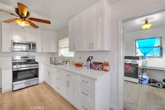 kitchen with light hardwood / wood-style flooring, sink, white cabinetry, ceiling fan, and stainless steel appliances