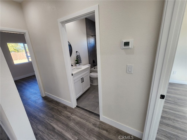 hallway featuring sink and dark hardwood / wood-style flooring