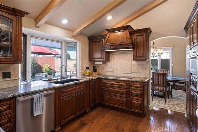 kitchen with sink, lofted ceiling with beams, dishwasher, dark wood-type flooring, and custom exhaust hood