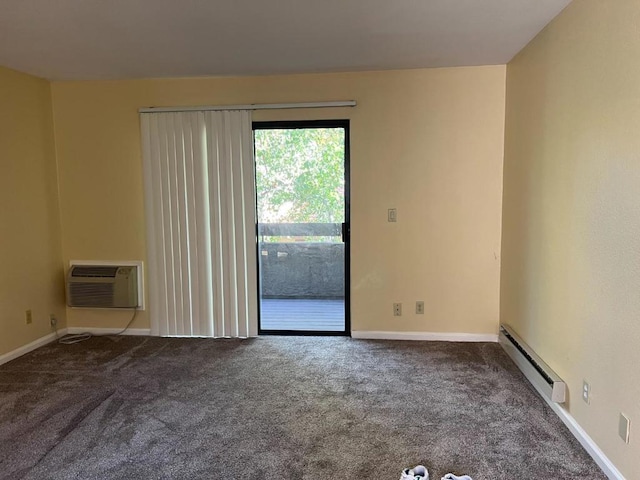 carpeted empty room with a baseboard heating unit and an AC wall unit