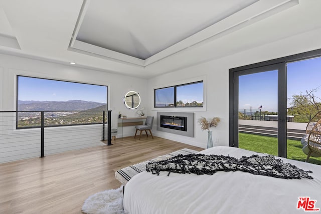 bedroom with a mountain view, a raised ceiling, and light wood-type flooring