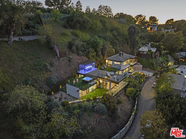 view of aerial view at dusk