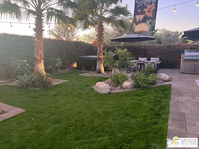 yard at dusk with a patio area