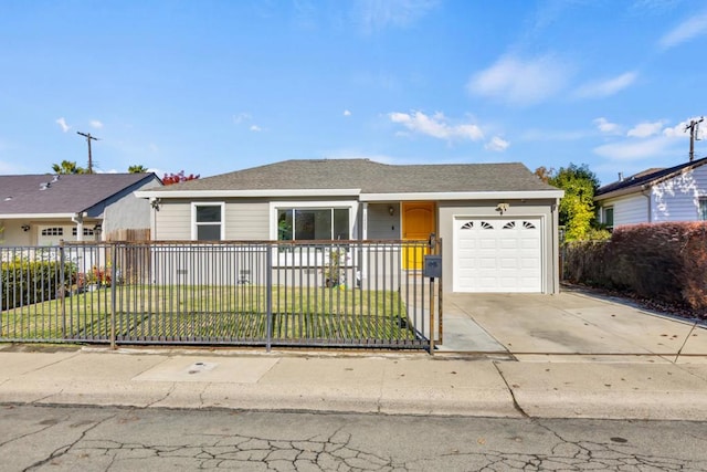 ranch-style home featuring a front lawn and a garage