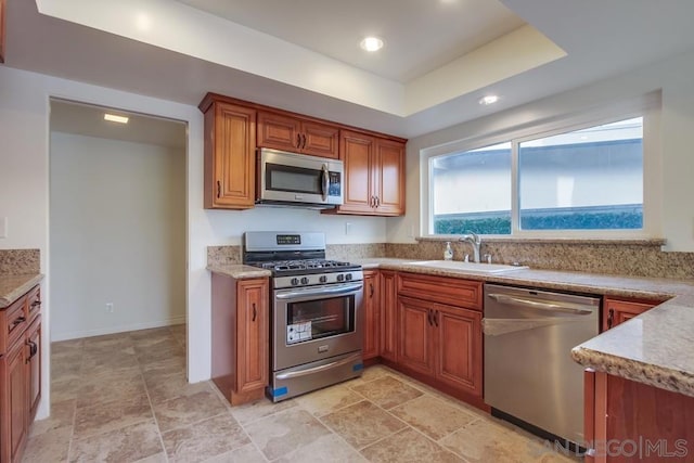 kitchen featuring sink, stainless steel appliances, and a tray ceiling