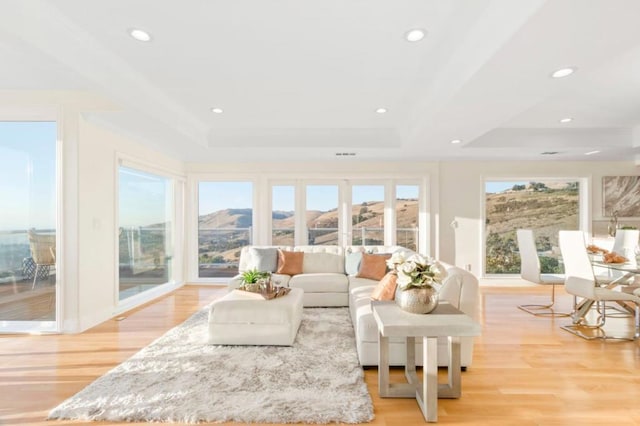 sunroom featuring a raised ceiling and a mountain view