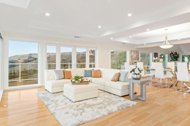 living room with a mountain view, a tray ceiling, and light hardwood / wood-style flooring