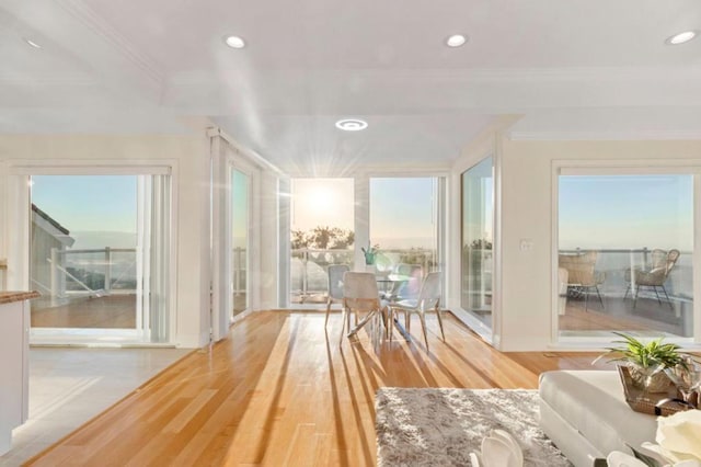 interior space with ornamental molding and light hardwood / wood-style floors