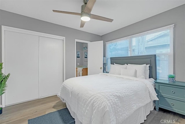 13621 Arcturus Ave, Gardena, CA 90249 - bedroom featuring wood finished floors, a closet, a ceiling fan, and ensuite bathroom