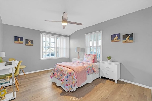 13621 Arcturus Ave, Gardena, CA 90249 - bedroom with light wood-style flooring, lofted ceiling, and a ceiling fan