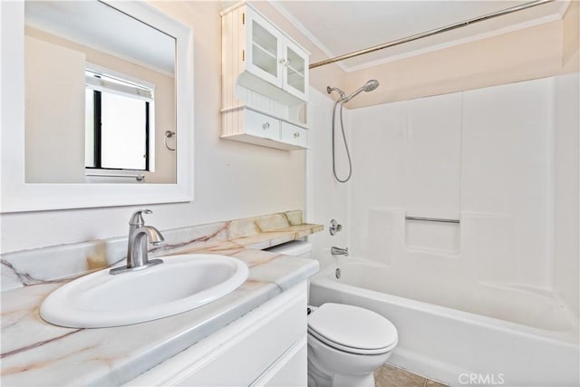 full bathroom with toilet, vanity, shower / bathtub combination, and ornamental molding