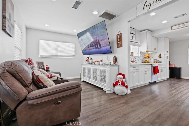 living room featuring dark hardwood / wood-style floors and sink