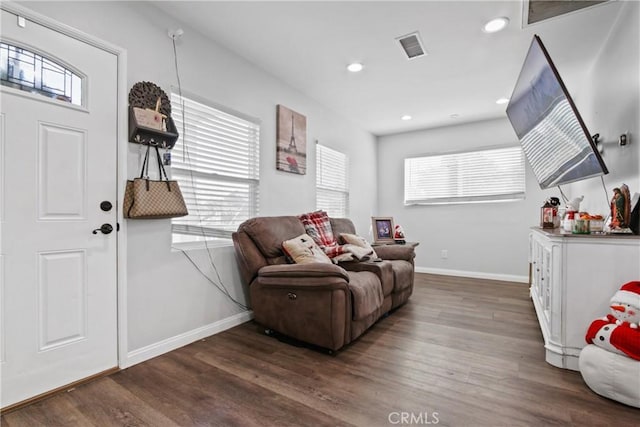 living room featuring dark hardwood / wood-style flooring and a healthy amount of sunlight