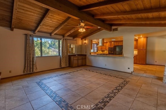 unfurnished living room with ceiling fan, light tile patterned floors, wood ceiling, and vaulted ceiling with beams