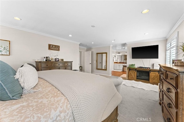 carpeted bedroom with ornamental molding