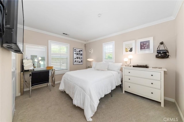 bedroom featuring light colored carpet, multiple windows, and crown molding