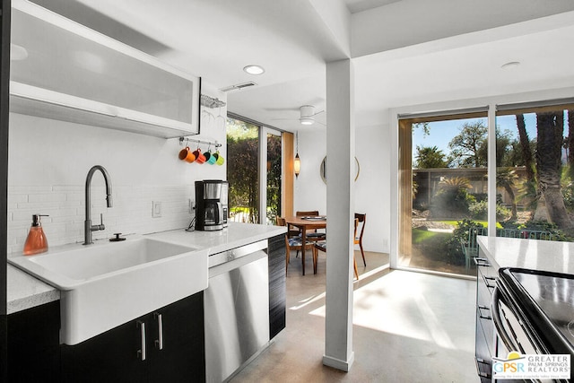 kitchen with range with electric cooktop, ceiling fan, decorative backsplash, dishwasher, and sink