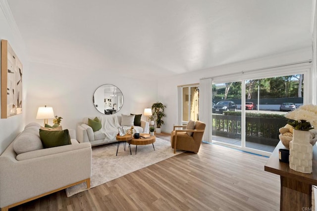 living room with light wood-type flooring and ornamental molding