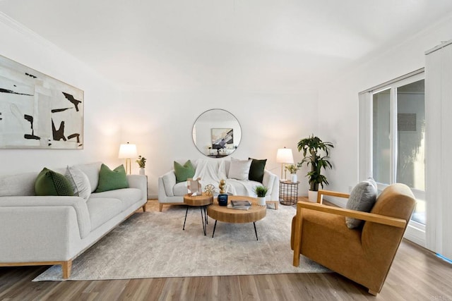 living room with light hardwood / wood-style floors and crown molding