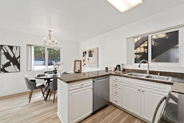 kitchen with dishwasher, sink, light hardwood / wood-style flooring, kitchen peninsula, and white cabinets