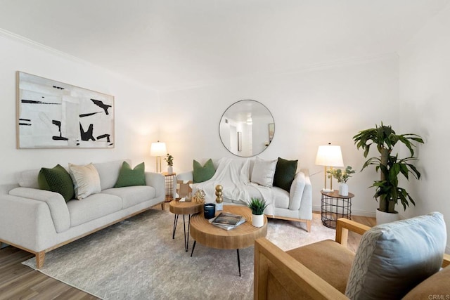 living room with wood-type flooring and crown molding