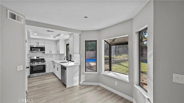 kitchen with white cabinetry, plenty of natural light, stainless steel appliances, and light wood-type flooring