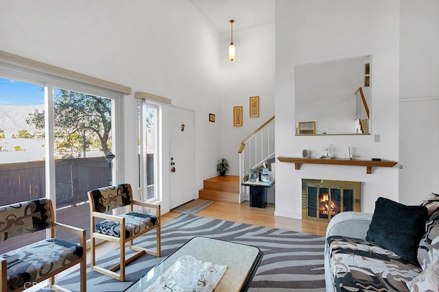 living room with a high ceiling and light hardwood / wood-style floors