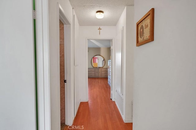 hallway featuring light hardwood / wood-style floors and a textured ceiling