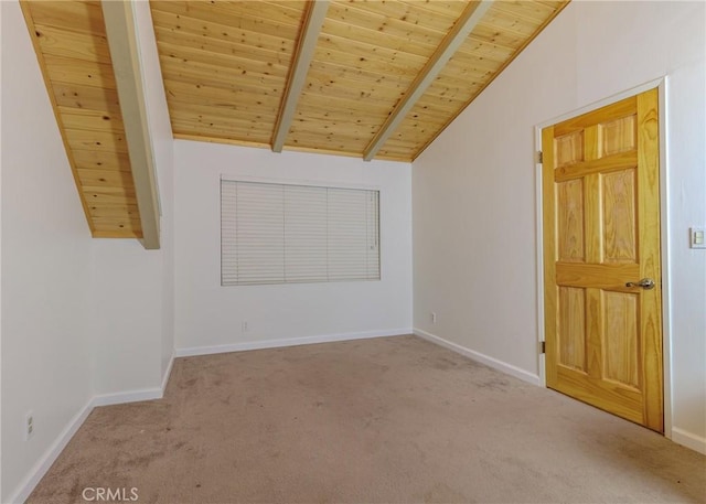 bonus room with light carpet, vaulted ceiling with beams, and wooden ceiling