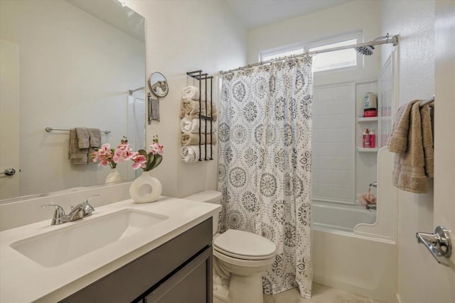 full bathroom featuring vanity, shower / bathtub combination with curtain, and toilet