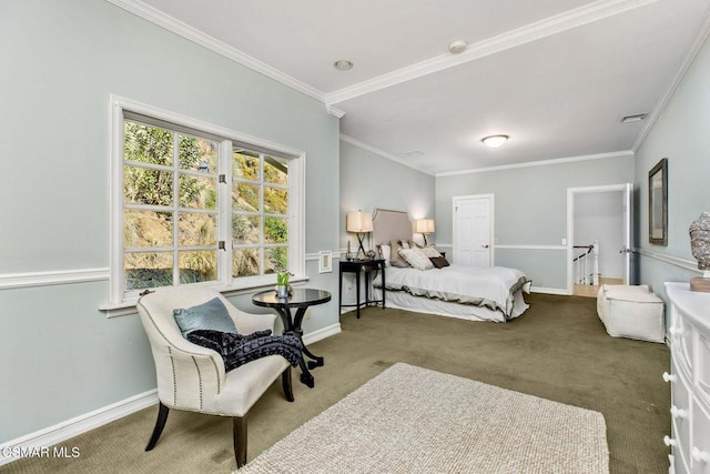 bedroom featuring carpet flooring and ornamental molding