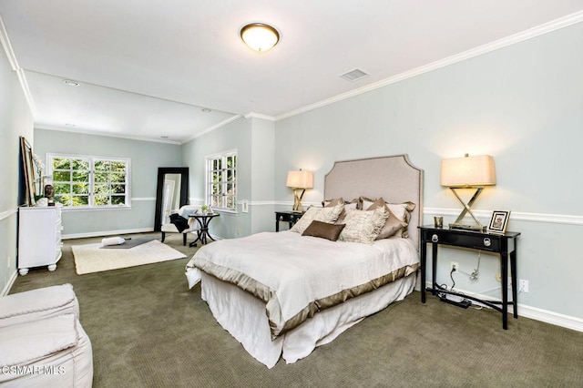 carpeted bedroom with vaulted ceiling and ornamental molding