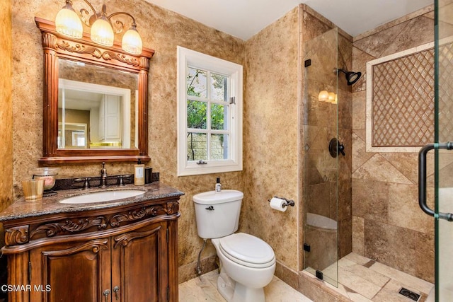 bathroom with vanity, a shower with shower door, and toilet