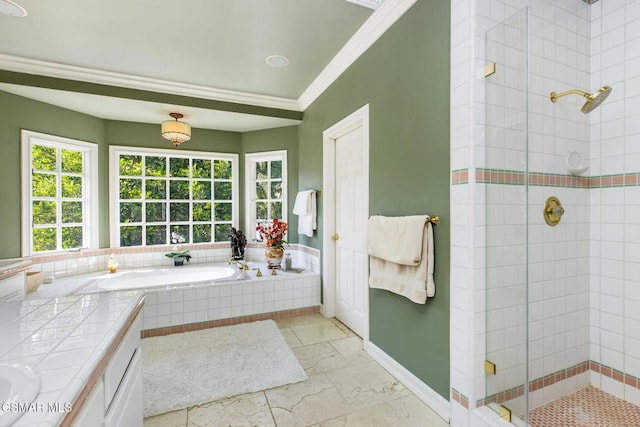 bathroom featuring vanity, separate shower and tub, and ornamental molding