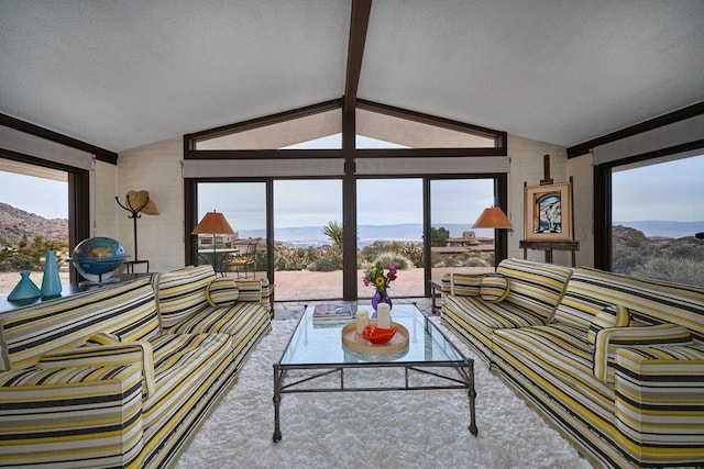 living room featuring carpet, a textured ceiling, and lofted ceiling with beams