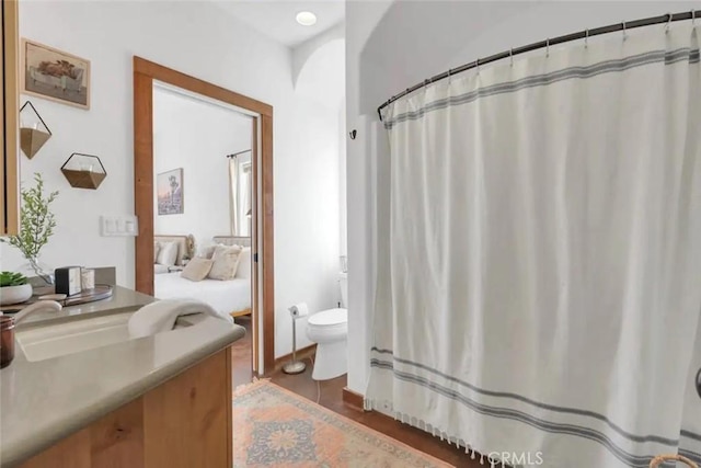 bathroom with vanity, wood-type flooring, and toilet