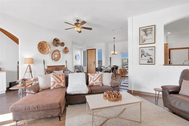 living room featuring ceiling fan