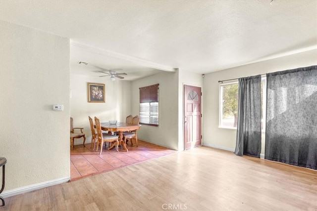 dining space with ceiling fan and light wood-type flooring