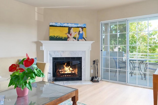 sitting room with a fireplace and hardwood / wood-style flooring